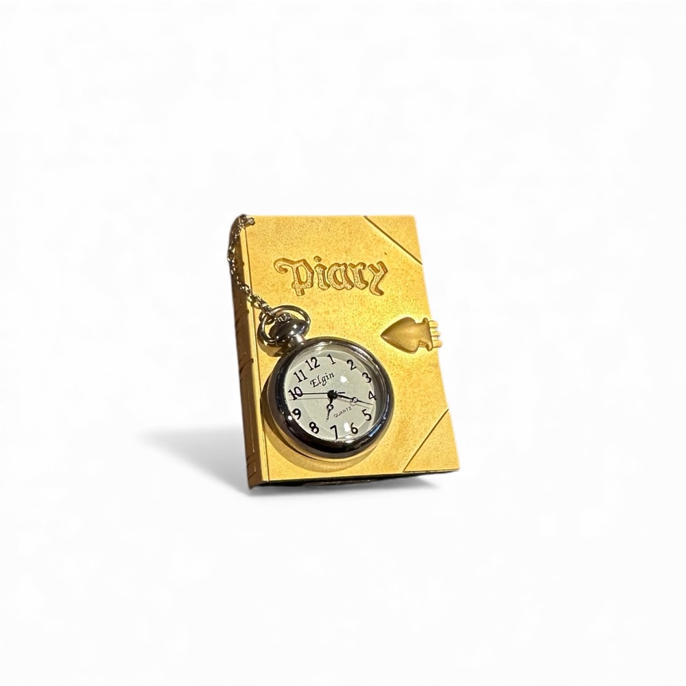Vintage Elgin Gold Diary with Pocket Watch Design Miniature Clock